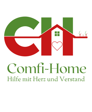 Logo Buchstaben C H mit einem Herz und einem Haus, darunter steht Comfi-Home Hilfe mit Herz und Verstand